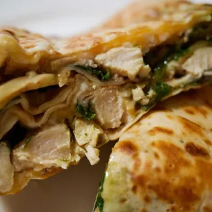"Chicken Mushrooms" - cheese, chicken, mushroom, spinach, garlic, pesto, balsamic reduction