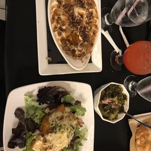 Stuffed salmon, greens, sweet potato casserole