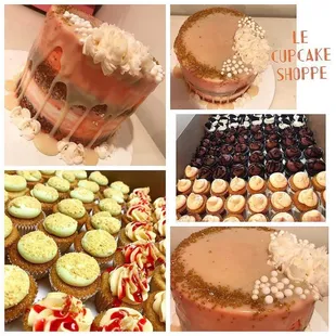 Wedding reception cake and mini cupcakes