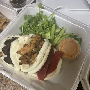 Le Delights Bao Tacos (short rib, lemon grass chicken, Vietnamese sausage)