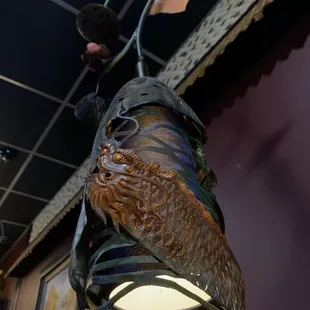 One of the intricate lights in the restaurant