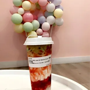 Strawberry Milk Latte w/ Matcha Creme + Agar boba