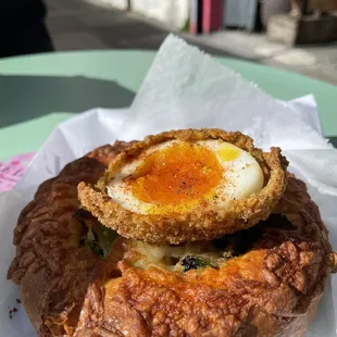brioche tart with scotch egg ($10.50) warmed up