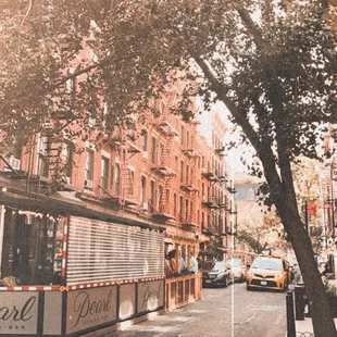 a city street with a bus stop