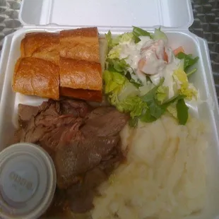 Roast beef, mashed potatoes, garli bread, and salad for $6