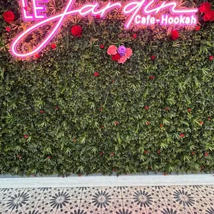 a pink neon sign in front of a green wall