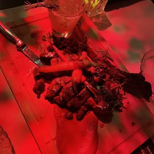 Turn the lights down so you can't see all the fat on this so called tomahawk steak. So gross, mystery meat.