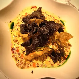 Spelt Risotto, Mimolette, and Winter Vegetables with Black Truffle