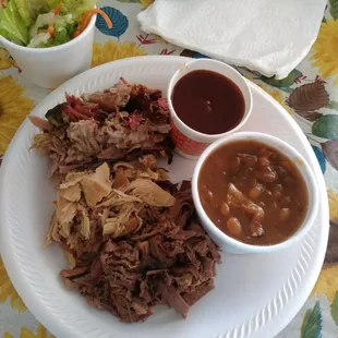 3-meat plate. Brisket,  turkey,  pork butts, baked beans and sauce.