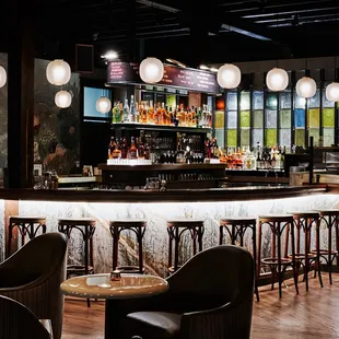 a dimly lit bar with a lot of stools