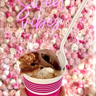 Chocolate, vanilla, and caramel gelato