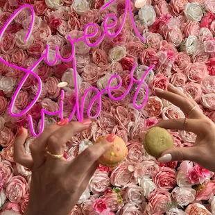 Birthday cake macaron left and basil white chocolate right