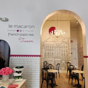 the interior of a french pastry shop