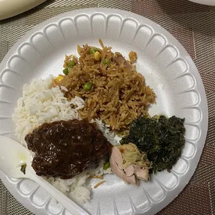 Jaloff rice, white rice, stew chicken, potatoe greens