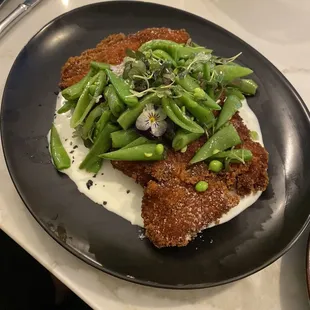 Chicken Milanese with goat cheese and snap peas. Best dish of the night!