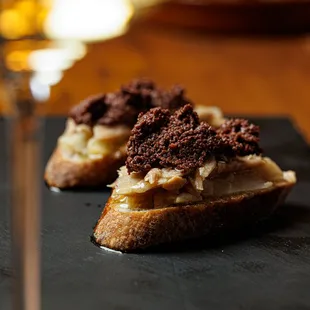 Crostini w/ Tuna Belly, White Asparagus, and Olive Tapenade