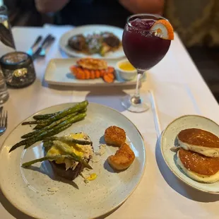 a plate of food and a glass of wine