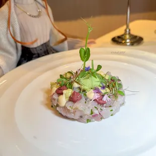 Kanpachi Tartare with Lemongrass, Tamarind, and Avocado Sorbet