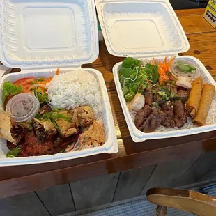 Grilled Pork Chop, Shrimp Cake, and Shredded Pork and Grilled Beef, shrimp, and Egg Rolls rice