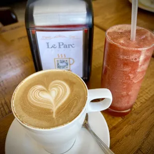 Latte with strawberry mint lemonade.