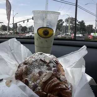 Almond croissant and iced matcha latte