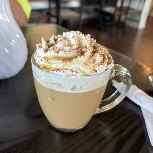 My bee drink-hot! Beautiful swirl of fresh whipped cream sprinkled with cinnamon and a swirl of caramel!
