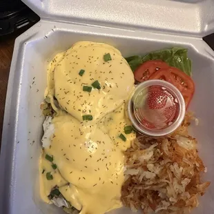 Eggs Benedict on gluten free bread English muffin with gf hollandaise and the hash browns