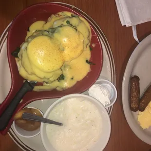 Crab Cake Benedict with grits.