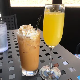 Cinnamon roll latte and a Mamosa