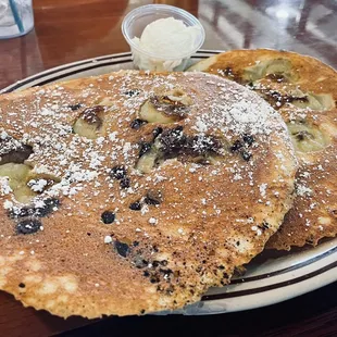 Two flavor pancakes. I ordered chocolate chip with bananas on top, but they cooked them in and it was kind of gross :/