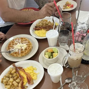 Eggs, bacon, potatoes, waffle, fruit, iced coffee, milk, water - 2 Waffle Combo's