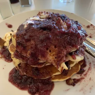 Monday Blues-blueberry pancakes, granola, and almond and blueberry compote.
