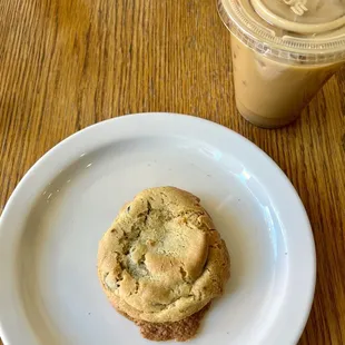 Chocolate chip Cookies and Ice Latte with almond milk and lavender syrup