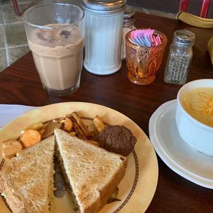 Iced mocha, chicken salad sandwich, and broccoli &amp; cheese soup