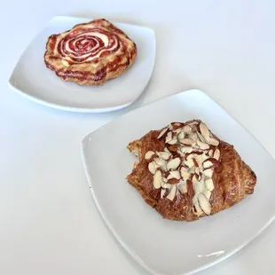 almond croissant, raspberry cheese danish