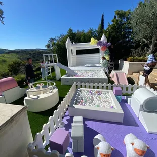 Ball pit, white bounce castle, soft play for babies and electric ride