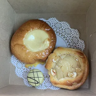 cream cheese brioche, almond &amp; pear tart, pistachio macaroon