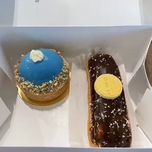 Blueberry cheesecake and eclairs