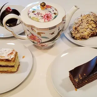 Chocolate raspberry dome, almond croissant, napoleon, opera torte