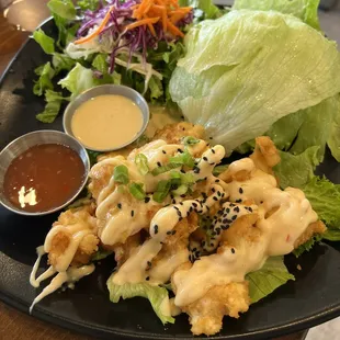 Boom Boom Shrimp Lettuce Wrap with included salad with housemate sesame ginger dressing
