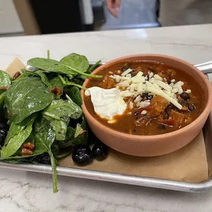 Chicken enchilada soup and mixed berry salad