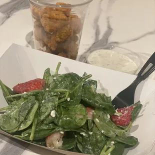 Strawberry Spinach Salad and Snack Chicken Nuggets