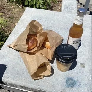 sesame bagels, chocolate croissant, &amp; a jasmine ginger ale