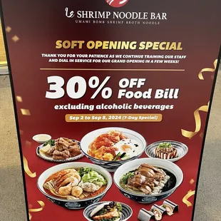 Sign with Soft Opening Special of 30% off Food Bill for dine-in