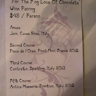 &quot;For the Love of Chocolate&quot; wine pairing menu