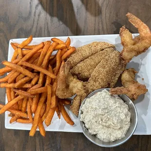 Drum and Shrimp with Sweet Potato Fries