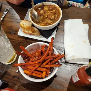 Chicken, shrimp and andouille sausage gumbo with sweet potato fries