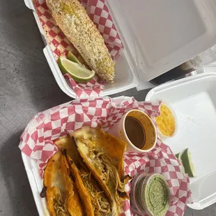 3 Birria Chicken Tacos, Elote