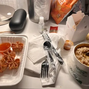 Crab ragoons app, and yellow tofu curry.