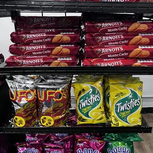 a variety of snacks on a shelf